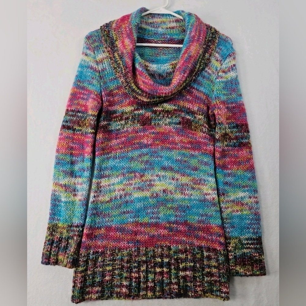 Cowl Neck Knit Sweater Women's Size Medium Vibrant Colorful Pink Blue